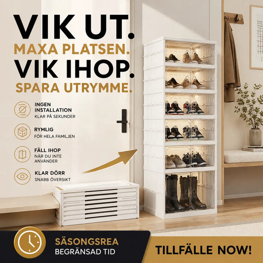 👟 50% RABATT NU! Hopfällbart skoställ med genomskinliga dörrar – ingen montering, platssparande & smart säsongsförvaring – perfekt för hallen, garderoben och små utrymmen ✨