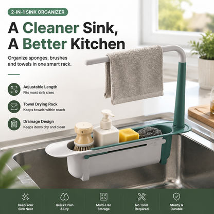 🧽 50% RABATT NU! 2-i-1 diskbänksorganisatör – justerbar svamphållare & handdukstork – förvandlar diskbänken till en renare arbetsyta ✨