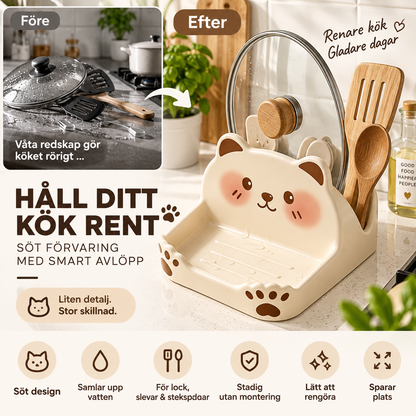 🐱 50% RABATT NU! Söt kattformad lock- & redskapshållare i keramikstil – håller lock, spatlar och skedar – skyddar spisen från fläckar och kladd ✨