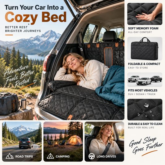🚗 50% RABATT NU! 🛌 Bilbädd i memory foam för baksätet – hopfällbar, icke-uppblåsbar & kompakt – perfekt för roadtrips, camping och långa bilresor ✨