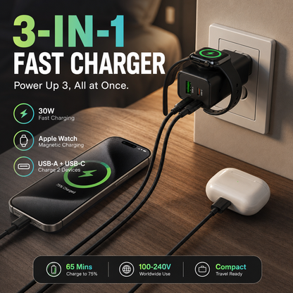 🔌 50% RABATT NU! ⚡ 3-i-1 Laddningsstation – 30W snabbladdning, magnetisk klockladdare & kompakt design – perfekt för hemmet, resan och kontoret 📱⌚✨