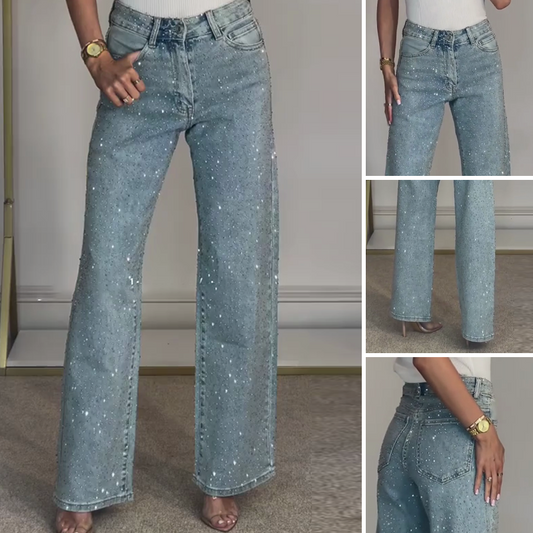 ✨ 60% RABATT! 💎 JEANS MED STRASSDETAILJER - Rak Benmodell & Stretch, Dekorerad med Eleganta Kristaller, Perfekt för Kvällsstil och Vardagsanvändning 🌟👖