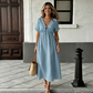 🌸 50% RABATT – NYHET! Soft & Breathable Midi Dress med justerbart knytband – V‑ringad, empiremidja & A‑linje – perfekt för sommar, semester och vardag 👗✨