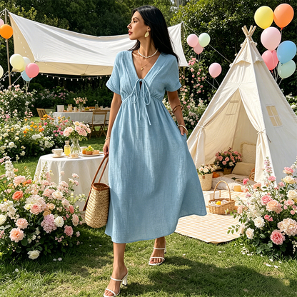 🌸 50% RABATT – NYHET! Soft & Breathable Midi Dress med justerbart knytband – V‑ringad, empiremidja & A‑linje – perfekt för sommar, semester och vardag 👗✨