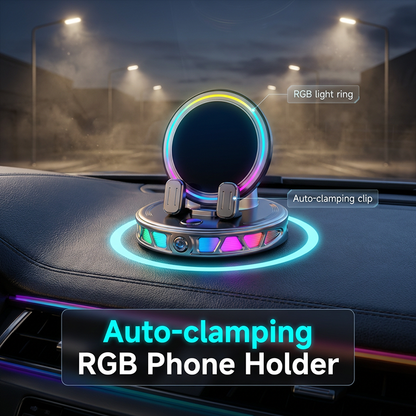 🚗 50% RABATT NU! ✨ RGB-bilhållare med 15W trådlös snabbladdning & 360° rotation – automatisk klämning, stämningsljus & restfritt fäste – perfekt för säker körning och modern kupé 🎨⚡