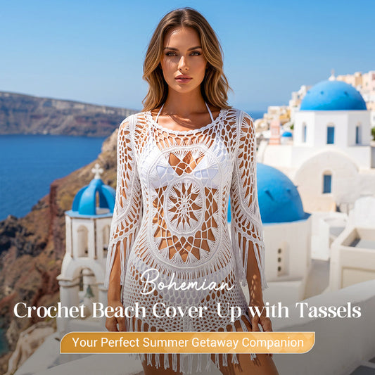 👙 50% RABATT NU! 🌊 Boho virkad strandklänning med tofsar – luftig, flödande & bohemisk chic – perfekt vid poolen, stranden eller på sommarsemester – justerbar passform 🧶✨
