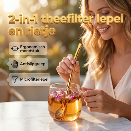 ☕ 50% RABATT NU! Tefilter, tesked och sugrör 2-i-1 – mikroperforerad filtersked, platt munstycke & återanvändbar – perfekt för lösa teblad och blommiga blandningar 🍵✨