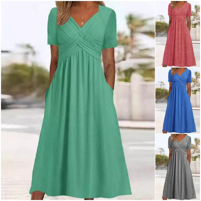 👗 50% RABATT NU! Kvinnors V‑ringad långklänning med kort ärm – elegant, mjuk & mångsidig – perfekt för fest, brunch & vardag 🌸✨