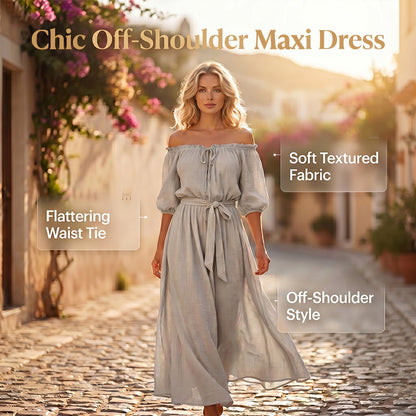👗 50% RABATT NU! Off‑Shoulder maxiklänning med midjeknut – justerbar passform, andningsbar & perfekt för dag till kväll ☀️✨