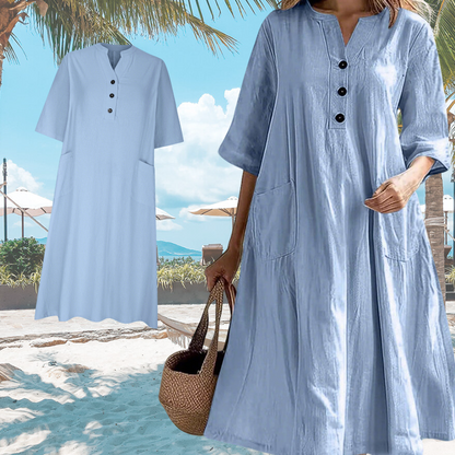 👗 50% RABATT NU! Oversized A‑Line Midi Dress with Pockets – smickrande V‑ringning, mjukt tyg & praktiska fickor – perfekt för vardag, semester och avslappnade tillfällen 🌸✨