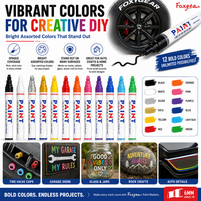🖍️ 50% RABATT NU! Vattenfast märkpenna – 12 färger, 6 mm mejselspets – för metall, glas, trä, gummi & sten – perfekt för DIY, garage, däck & konstprojekt 🎨✨