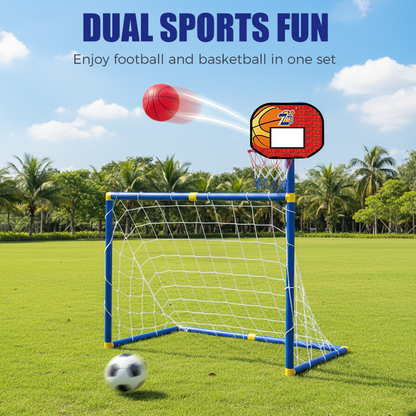 2-in-1 Kids Sports Set with Football Goal, Basketball Stand, 2 Balls & Pump