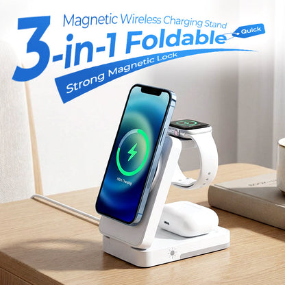 🔋 50% RABATT NU! 3-i-1 vikbart magnetiskt laddställ – ladda telefon, klocka & hörlurar samtidigt – perfekt för nattduksbordet, skrivbordet och resan 📱⌚🎧