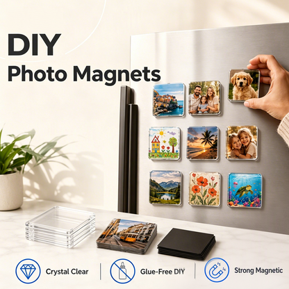 🧲 50 % RABATT NU! ✨ Klar akryl DIY-kylskåpsmagnetsats – kreativt pysselkit för personliga fotomagneter med kristallklar finish och enkel montering ✨