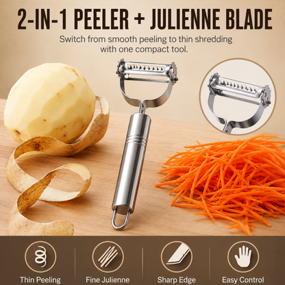 🥔 50% RABATT NU! 2-in-1 Stainless Steel Peeler and Julienne Slicer – skalning & julienne i ett – rostfritt stål, ergonomiskt grepp & lätt att rengöra – perfekt för grönsaksförberedelser ✨🔪