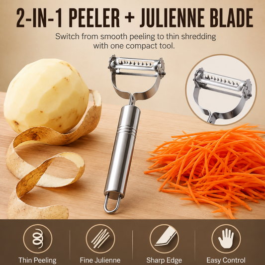 🥔 50% RABATT NU! 2-in-1 Stainless Steel Peeler and Julienne Slicer – skalning & julienne i ett – rostfritt stål, ergonomiskt grepp & lätt att rengöra – perfekt för grönsaksförberedelser ✨🔪