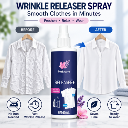 ✨ 50% RABATT NU! ✨ Wrinkle Releaser Spray för kläder – snabb skrynkellösning, resvänlig & uppfriskande doft – perfekt för resor, kontoret och hektiska dagar 👔💼