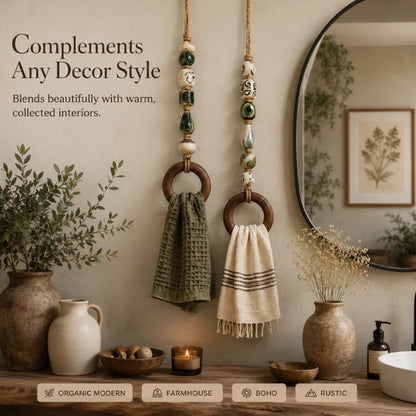 🧺 50 % RABATT NU! 🌿 Dekorativ handdukshängare med pärlor och träring – naturlig bohemisk charm – perfekt för kök, badrum och hall ✨