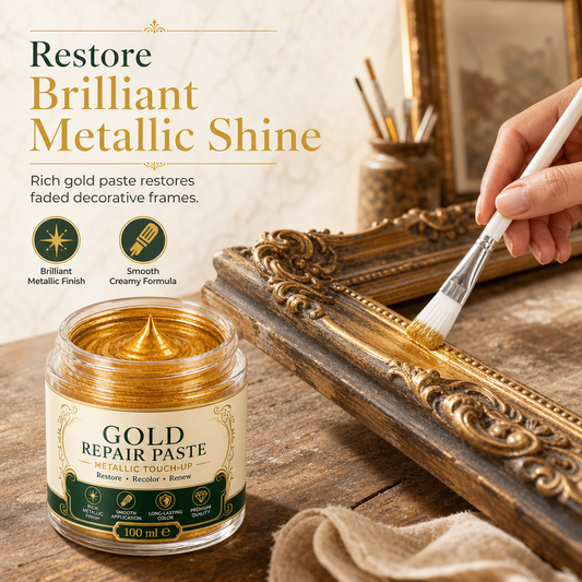 🎨 50% RABATT NU! Guldmetallisk reparationspasta för lackering med pensel – återställer strålande metallisk glans, vattentät finish & enkel applicering – perfekt för hemmets ytor ✨