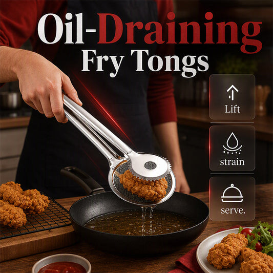 🍳 50% RABATT NU! 2-i-1 Oil Filter Tongs i rostfritt stål – oljeavrinning, säkert grepp & mindre kladd – perfekt för fritering och servering ✨