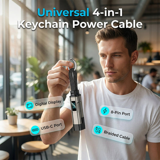 🔌 50% RABATT NU! 4-i-1 Digital Display Keychain Charging Cable – universell, flätad & realtidsdisplay – perfekt för nyckelknippan, resan och vardagen ✨