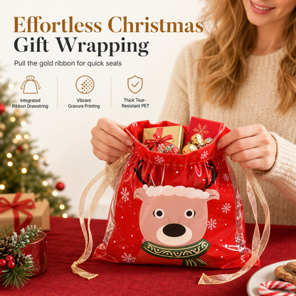 🎄 50% RABATT NU! 🍬 10-pack julklappspåsar med dragsko för godis – hållbara, festliga & lätta att stänga – perfekt för julgodis och presenter ✨
