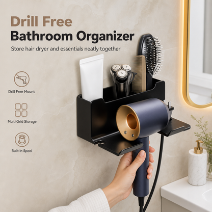 🚿 50% RABATT NU! Väggmonterad hårtorkhållare för badrummet – utan borrning, rymlig & vattenavvisande – perfekt för en prydlig morgon ✨