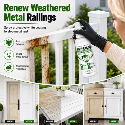 🚪 50% RABATT NU! Vit reparationsspray för trä och metall – döljer repor, märken och rost – perfekt för dörrar, bord, skåp och räcken ✨