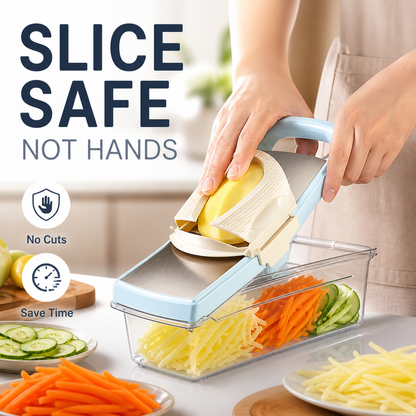 🥕 50% RABATT NU! 🔪 Multifunktionell grönsaksskärare med avloppskorg – rostfria blad, handskydd & dold förvaring – perfekt för snabb och säker matlagning ✨