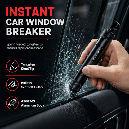 🚗 50% RABATT NU! Kompakt bilfönsterkrossare och säkerhetsbältesklippare – fjäderassisterad spets, infälld bandskärare & självhäftande fäste – perfekt att ha nära i bilen ✨