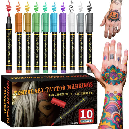 🎨 50% RABATT NU! Set med tillfälliga tatueringspennor i 10 färger – levande färger, vattentåliga & lätta att tvätta bort – perfekt för festival, fest och kreativt uttryck ✨